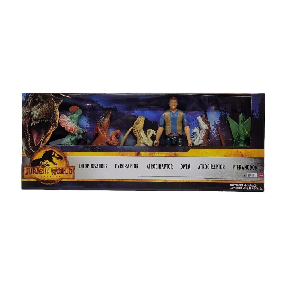 Mattel Jurassic World Dominion Set of 6 Owen Action Figure & Dinosaurs (New)